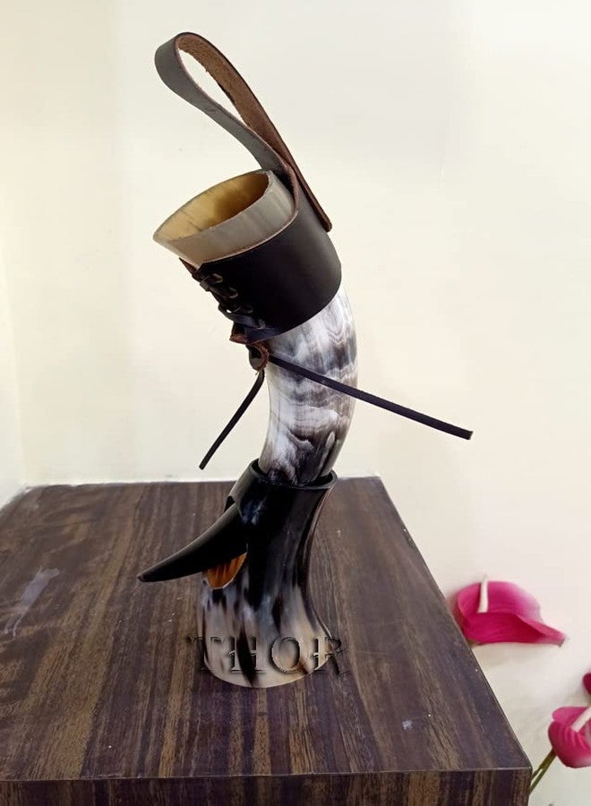 THOR INSTRUMENTS كوب شرب على شكل قرن فايكنغ مع حامل بيرة / حزام من الجلد الطبيعي / تشطيب طبيعي عتيق / هدية أصلية من العصور الوسطى / ديكور منزلي ريفي عتيق - Image 4